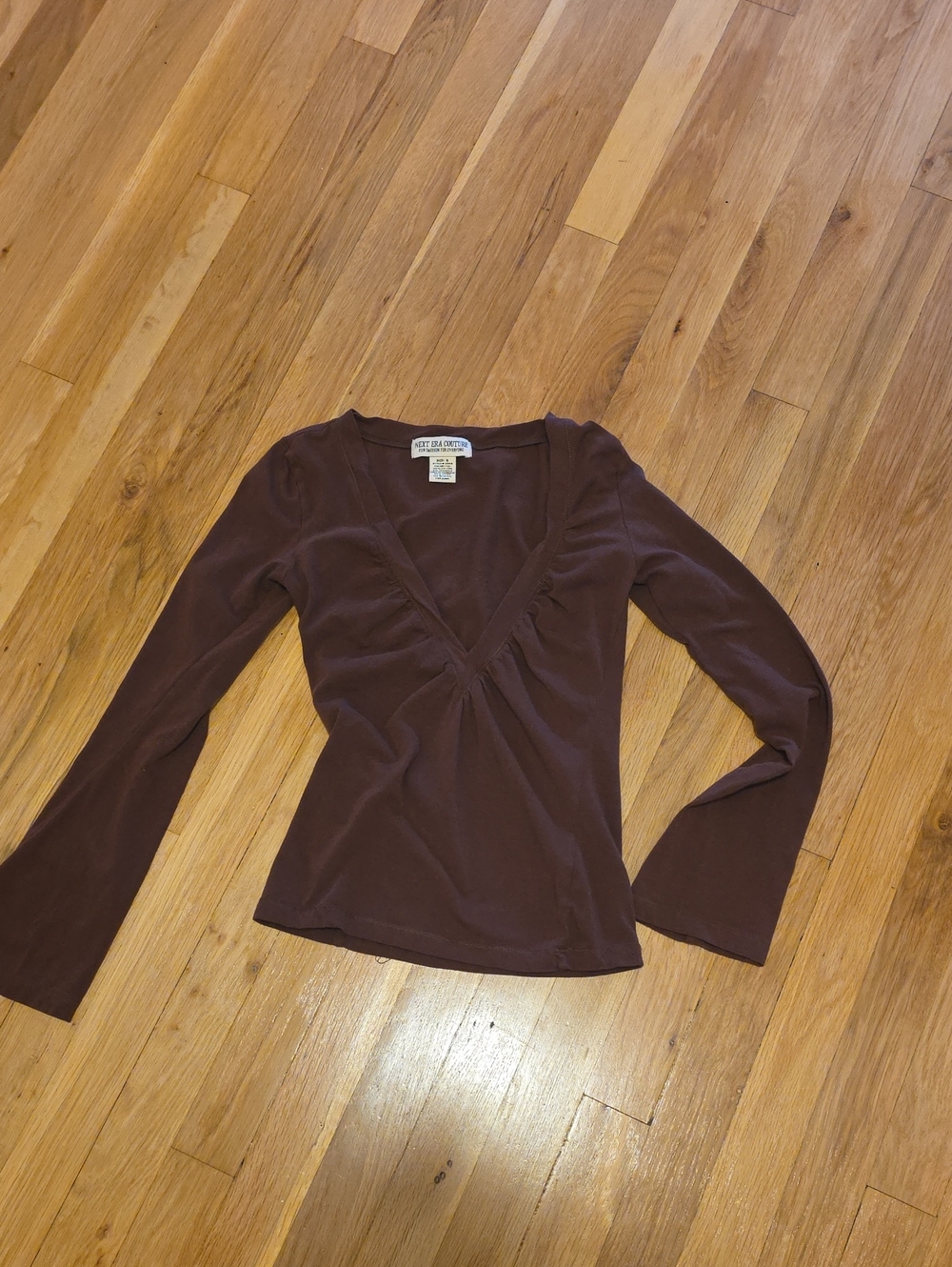 Next Era Couture Deep V Long Sleeve Top in Chocolate Brown